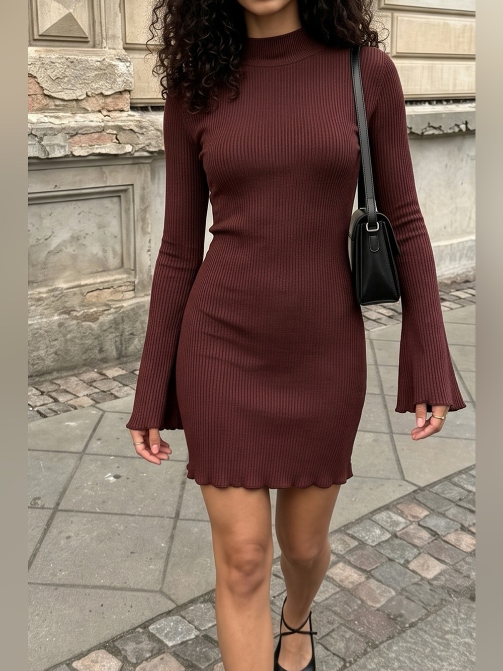 Mock Neck Ribbed Knit Bodycon Mini Dress